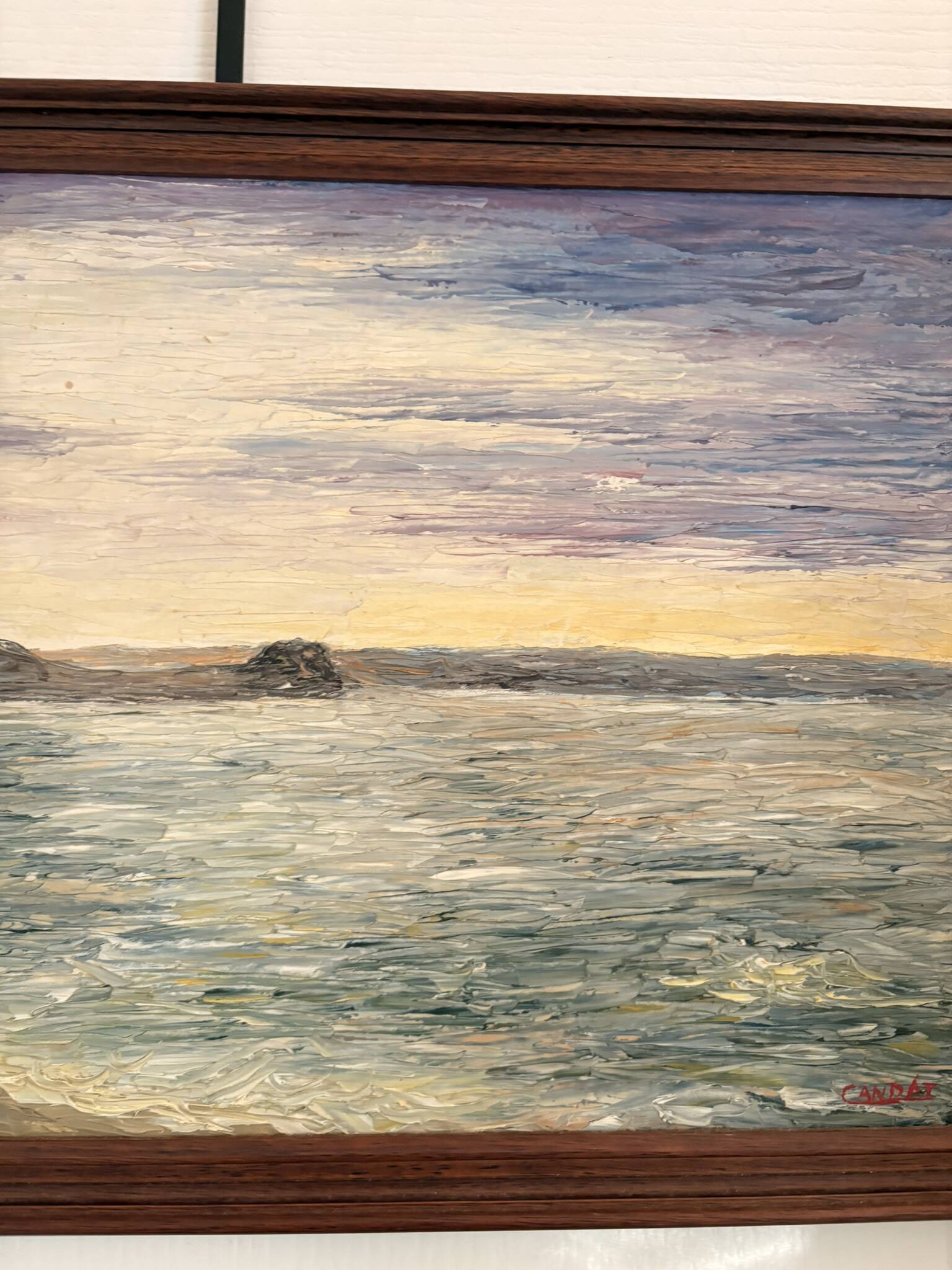 Oil painting knife beach sea sunset cliff signed canda