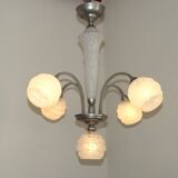 French Art Deco chandelier in silver-finished brass with 5 lights, Clichy white glass 4456.