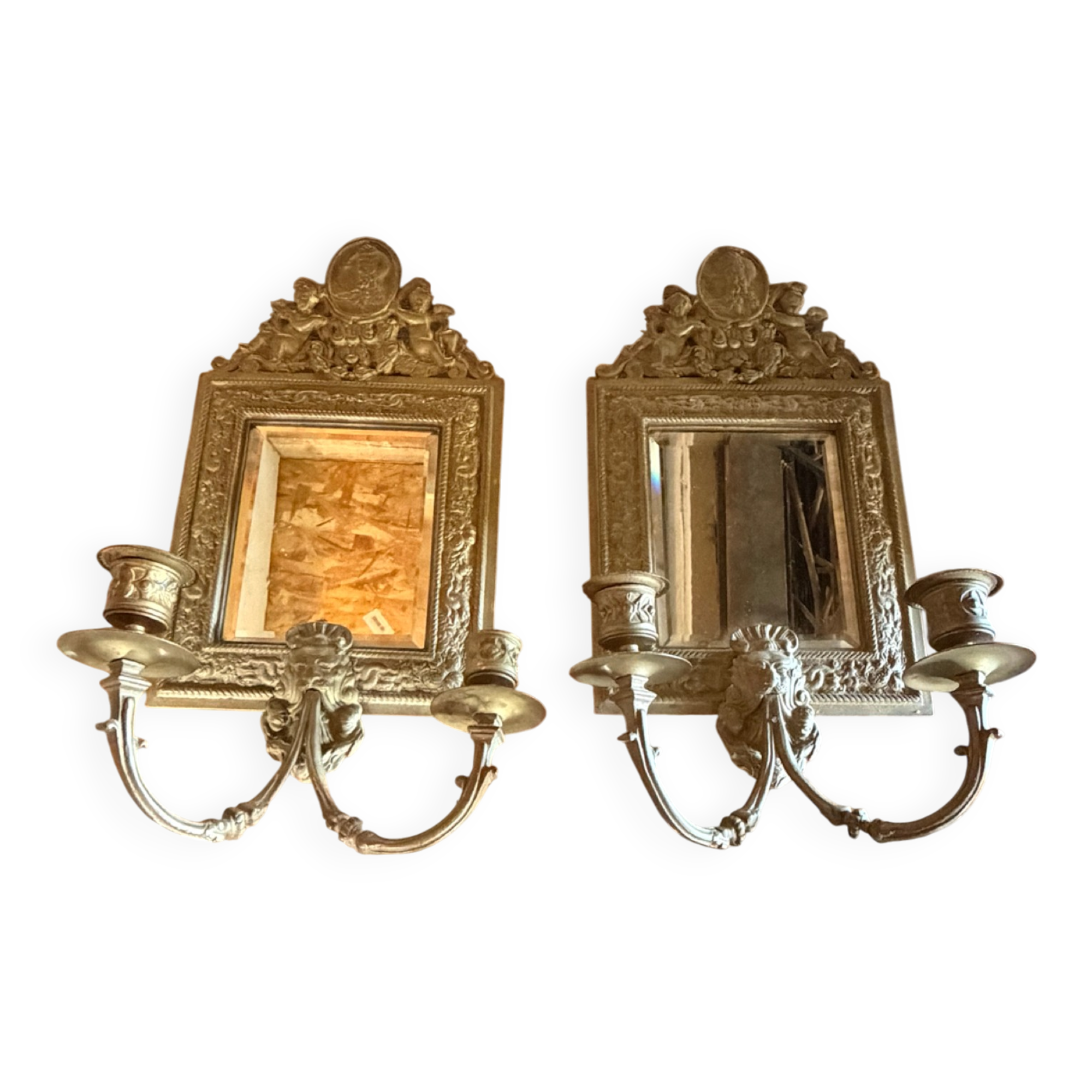 Pair of antique mirror candle holders in Louis XVI / Napoléon III style.