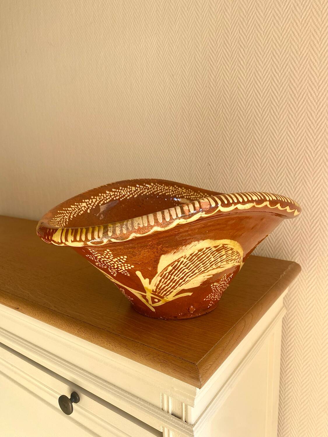 Old glazed terracotta plate, Portuguese craftsmanship.