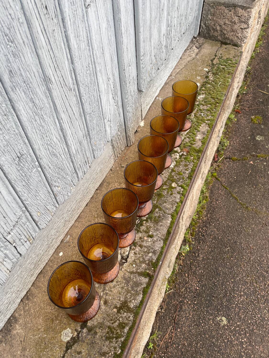 8 vintage amber moulded glass glasses