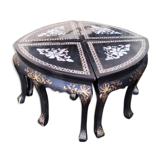Table basse décor asiatique incrustation de nacres ancienne vintage