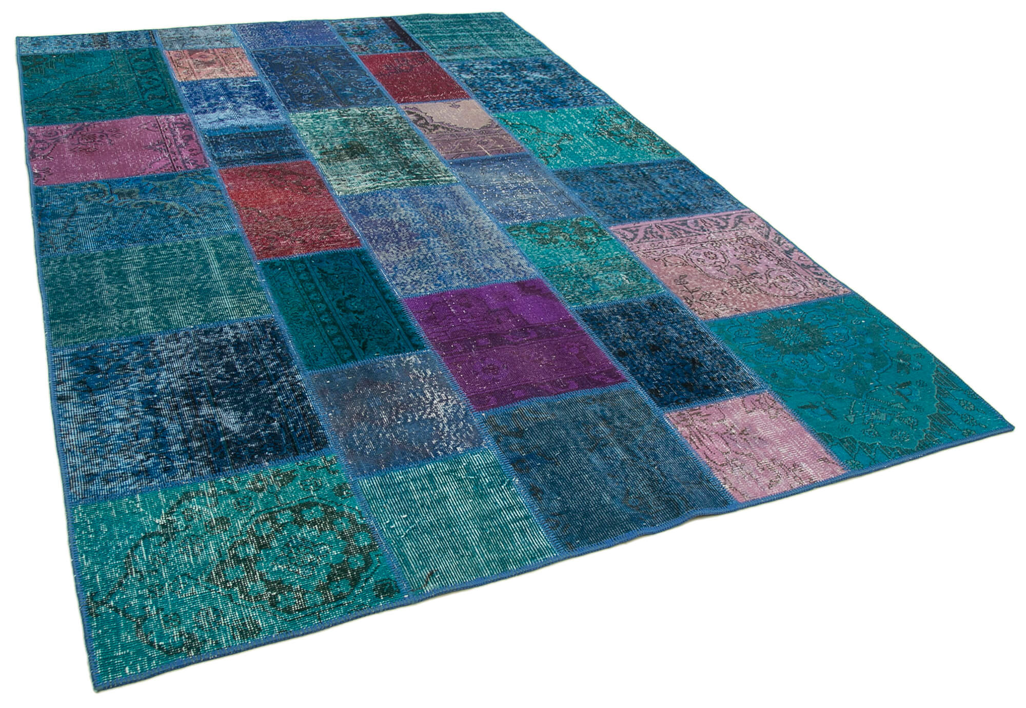 Handwoven oriental overdyed 200 cm x 295 cm blue patchwork carpet
