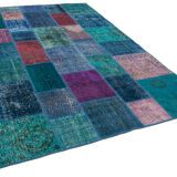 Handwoven oriental overdyed 200 cm x 295 cm blue patchwork carpet