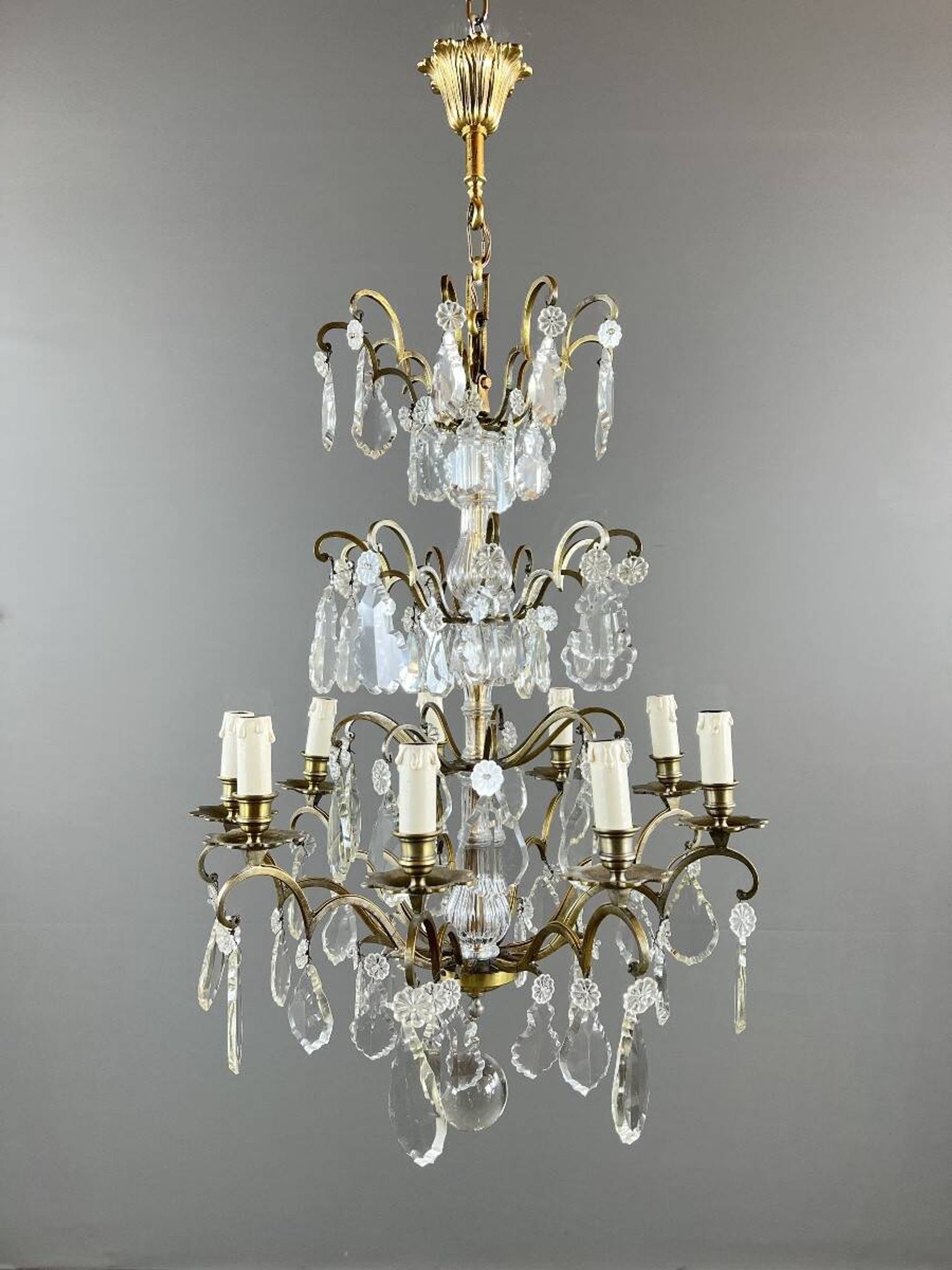 Bronze, brass and crystal chandelier, early 20th century.