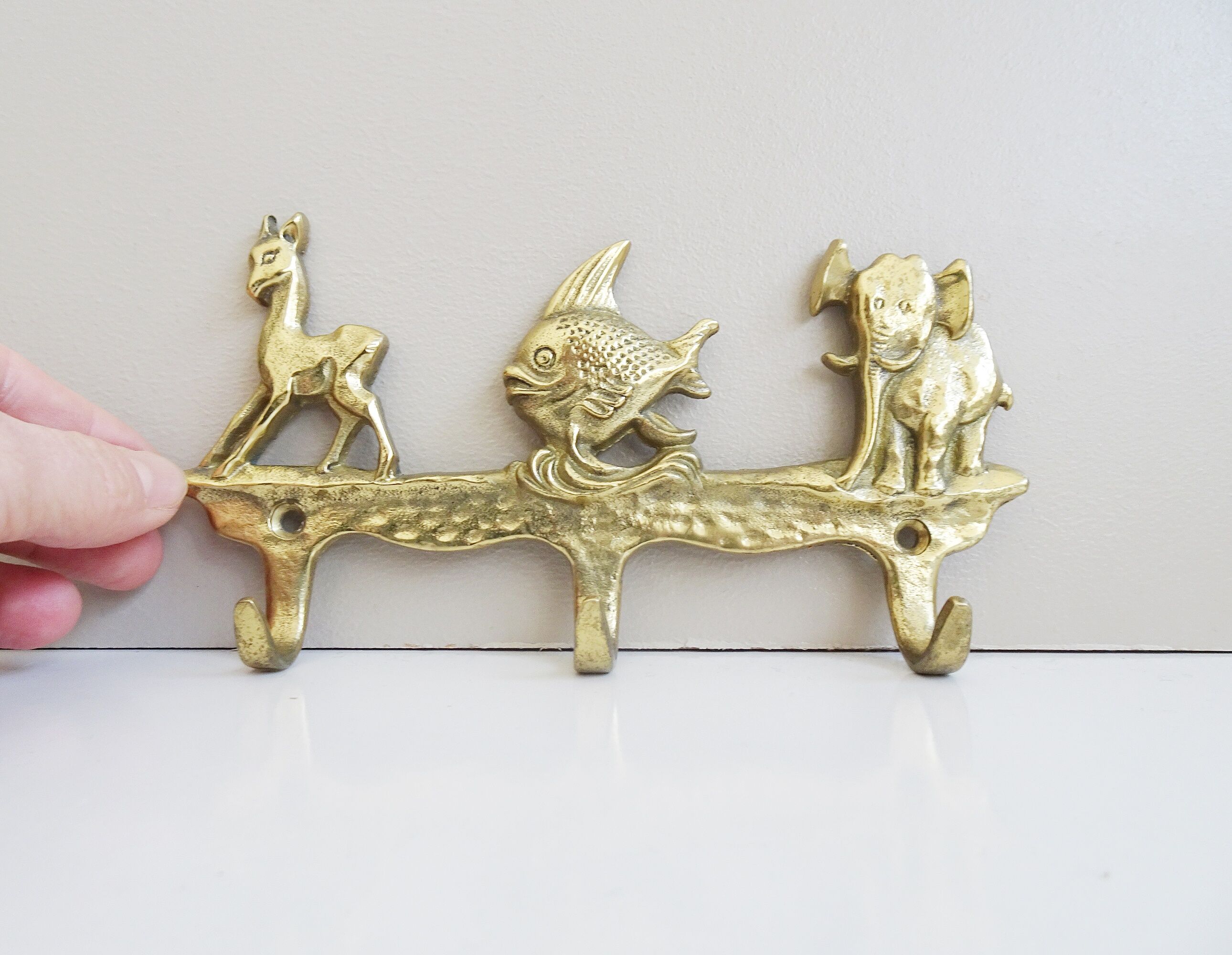 Brass coat rack with animal motif, wall hook children's room, key rack