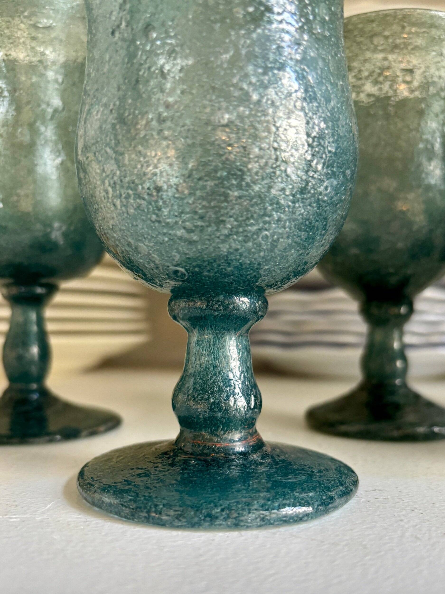 6 BIOT stemmed glasses in blue bubbled glass