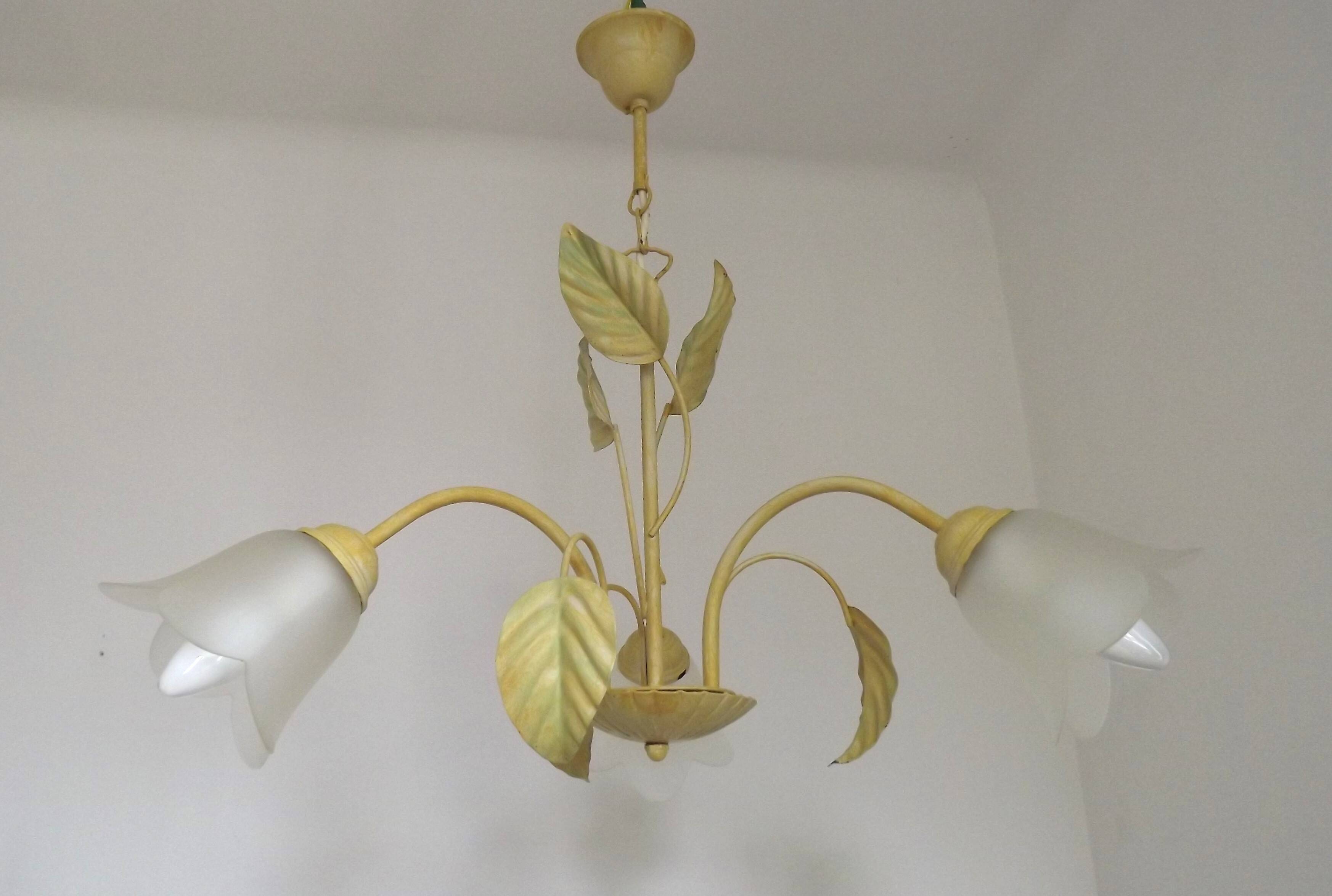 French vintage chandelier with 3 lights in leaf green metal and glass shades 5516
