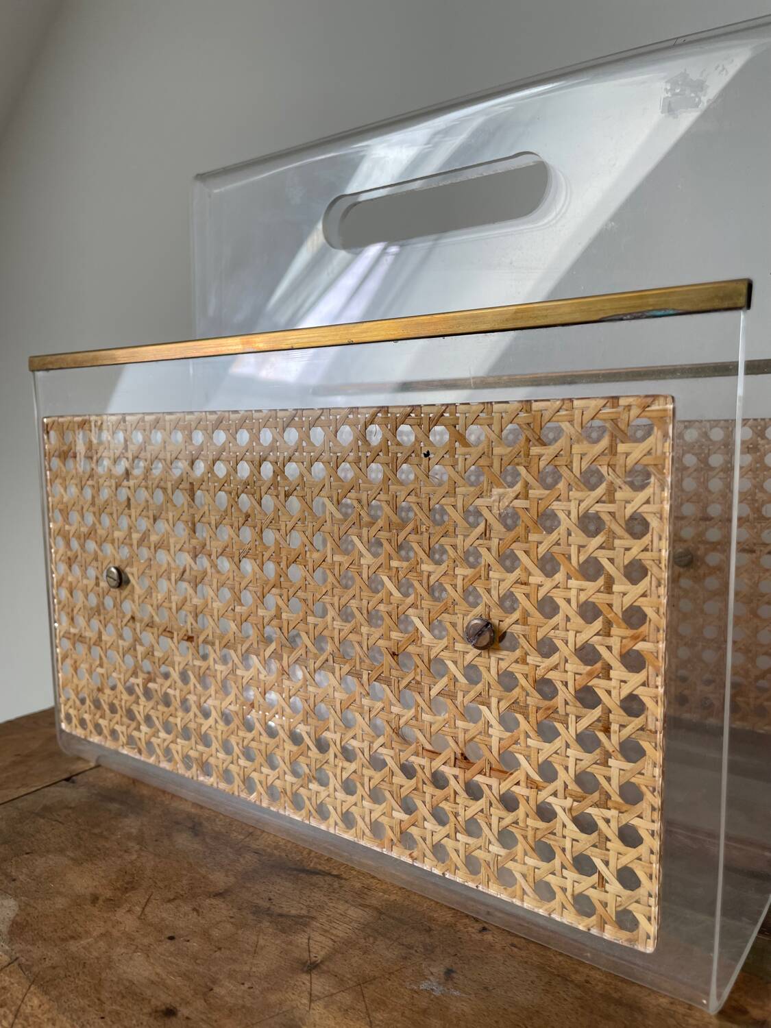 Magazine rack in plexiglass, brass and cane, 1970