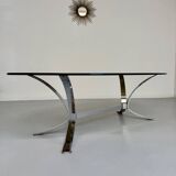 Old metal coffee table with smoked glass, Italian design, 70s vintage