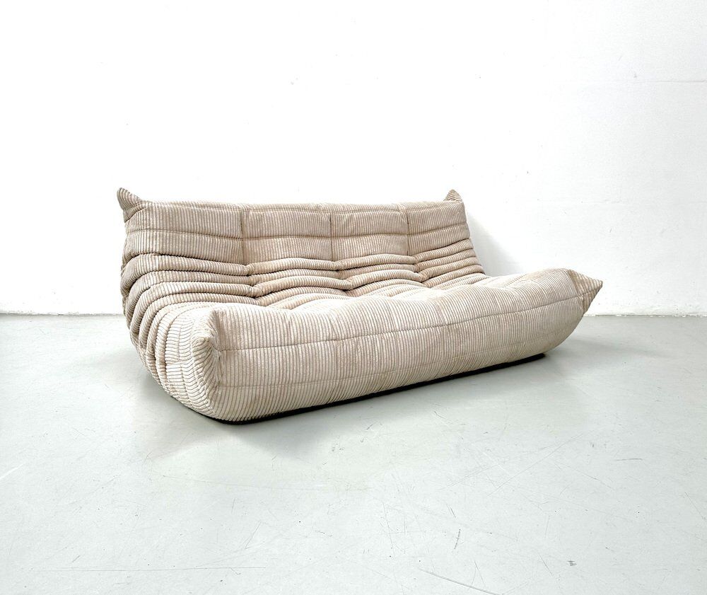 French Togo 3-seater sofa in beige corduroy attributed to Michel Ducaroy for Ligne Roset, 1970s