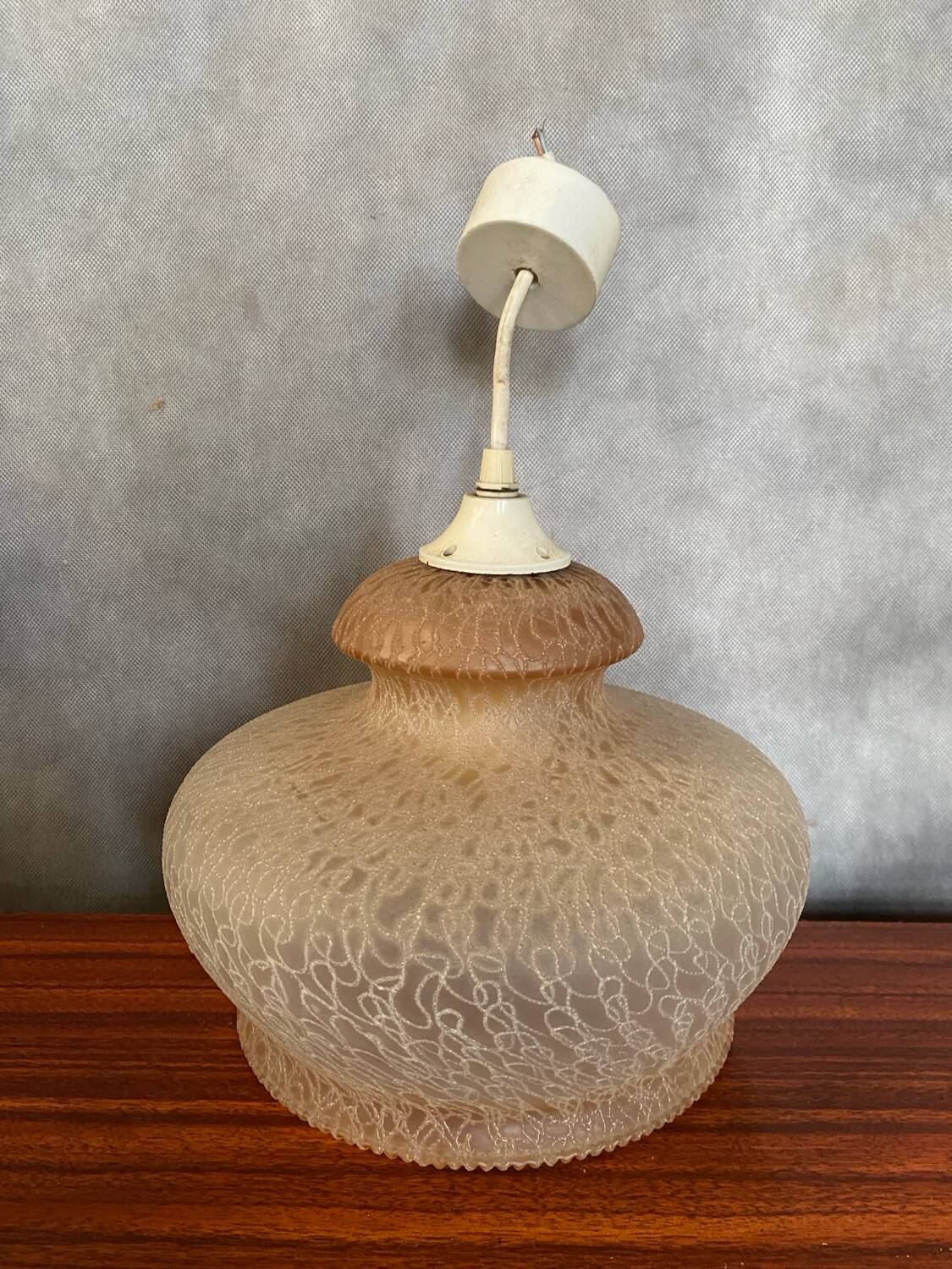 Antique Beige Frosted Glass Pendant Light 70s Art Deco Vintage