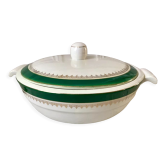 Tureen digoin sarreguemines model "martine" green and golden 50s