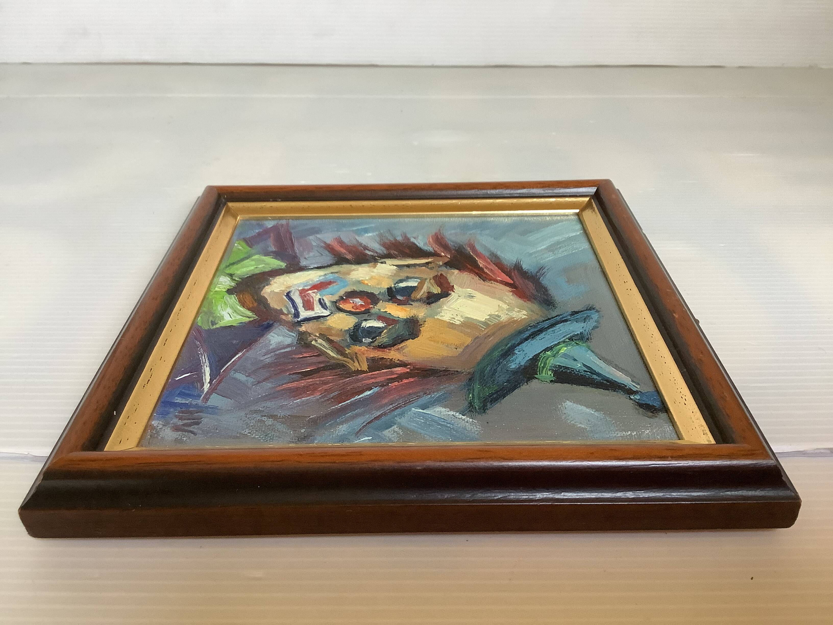 Small clown painting, oil on panel, signed