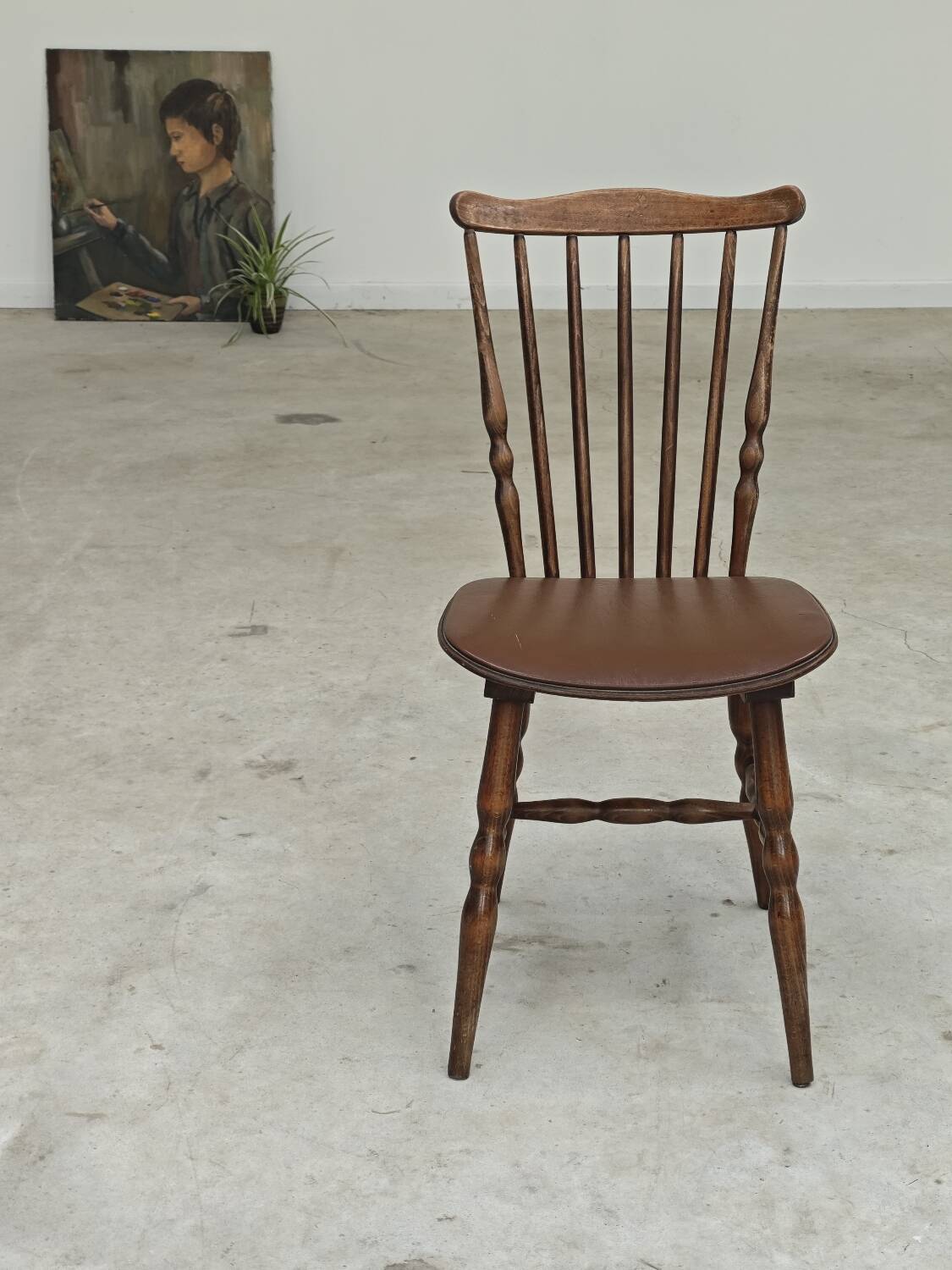 Baumann Tacoma bistro chair, wood and brown faux leather, 1960.
