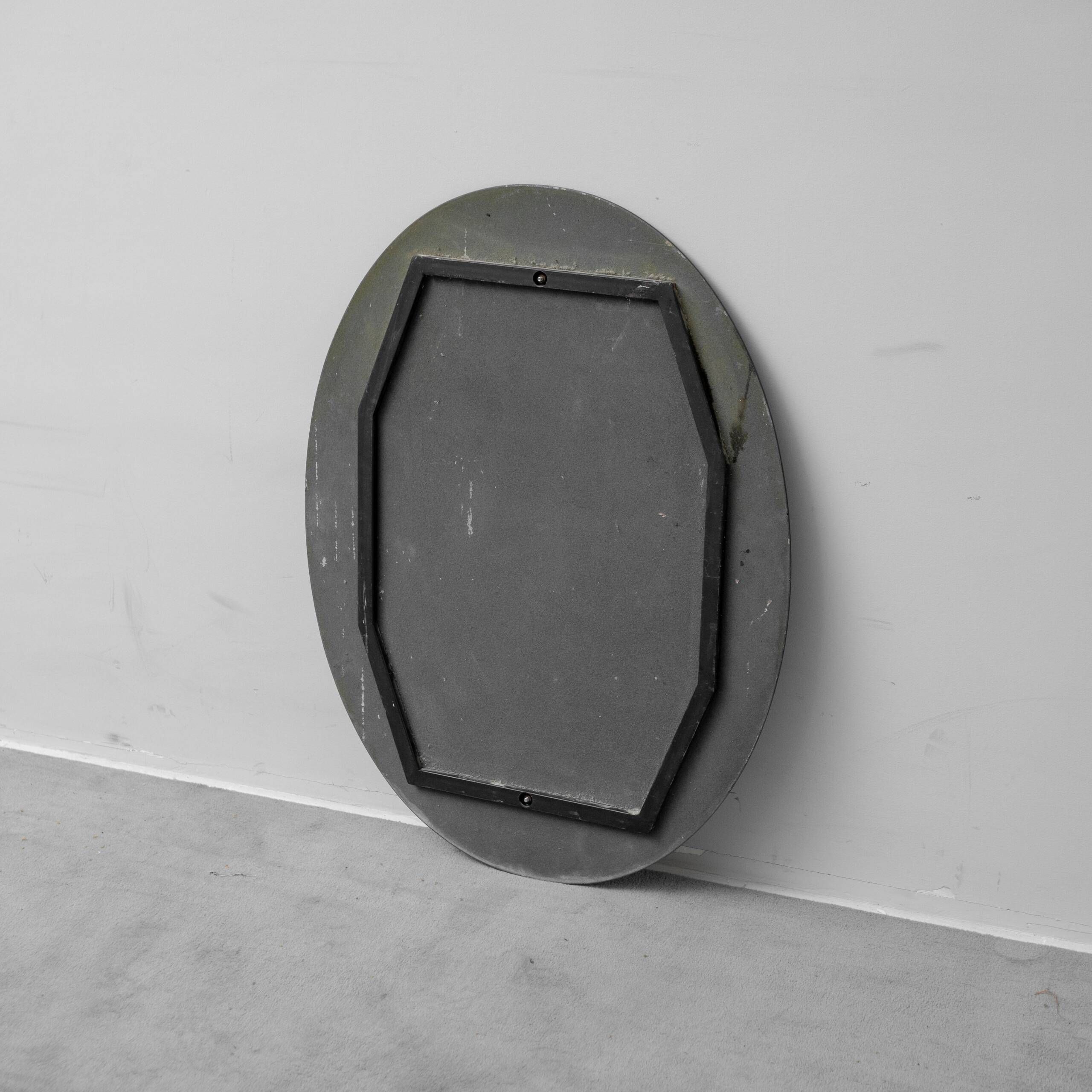 Vintage oval mirror with bevelled edge and smoked border, 1960s modernism