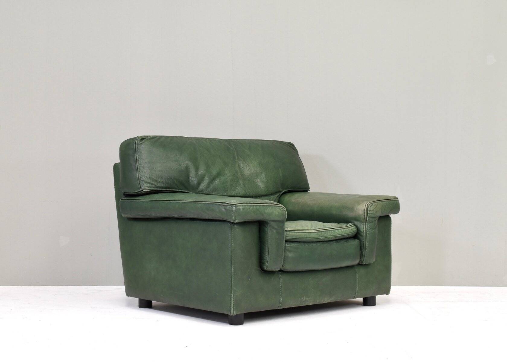 Roche Bobois lounge armchair in original green patinated leather, 1970