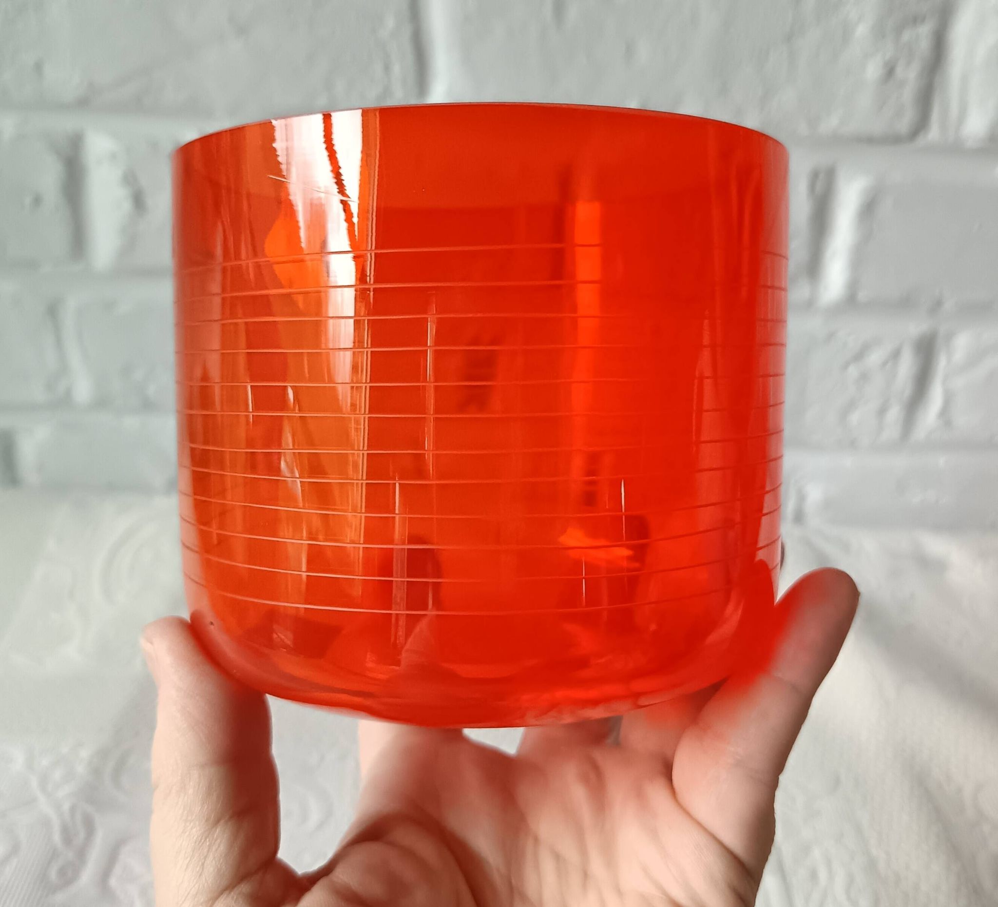 2 large vintage orange glass tealight holders, France, Mikasa mouth-blown