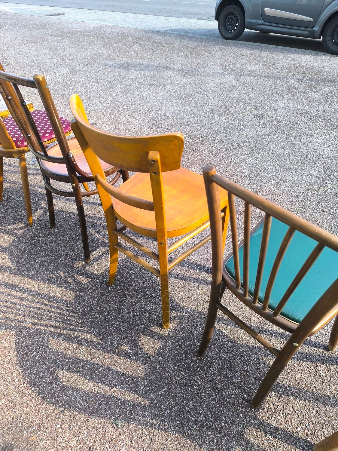 Set of 6 mismatched vintage wooden bistro chairs