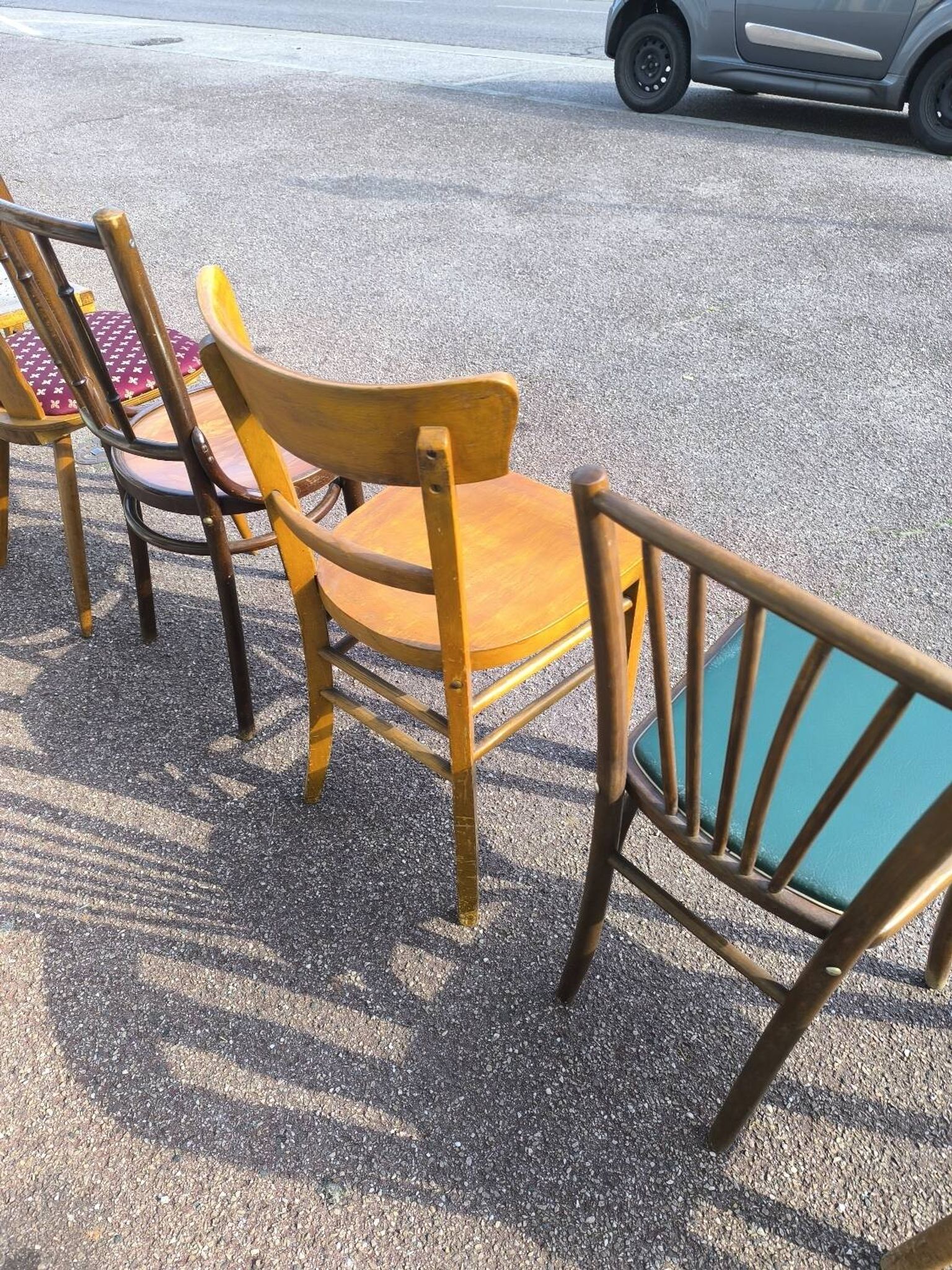 Set of 6 mismatched vintage wooden bistro chairs