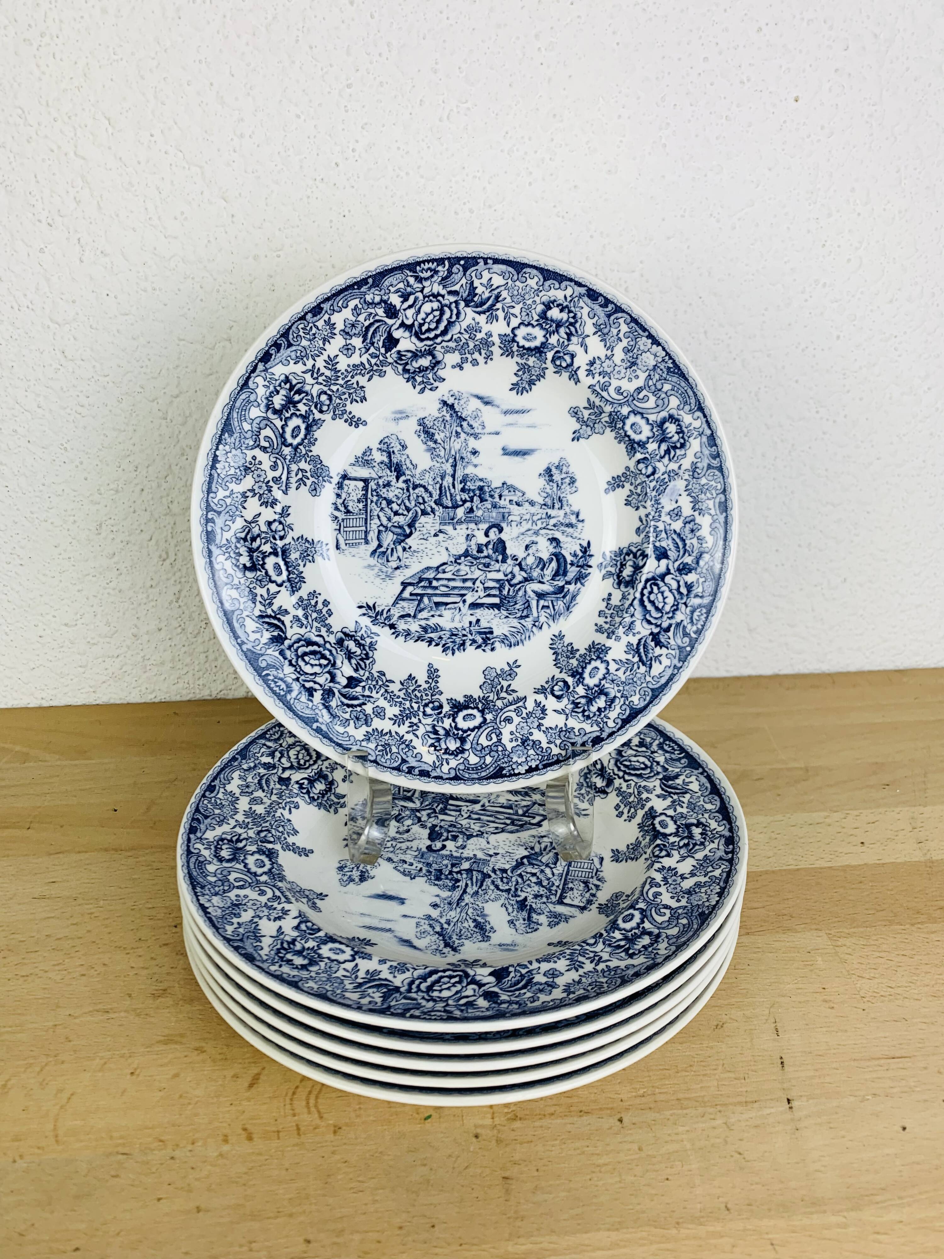 6 assiettes plates terre de fer bleues vintage