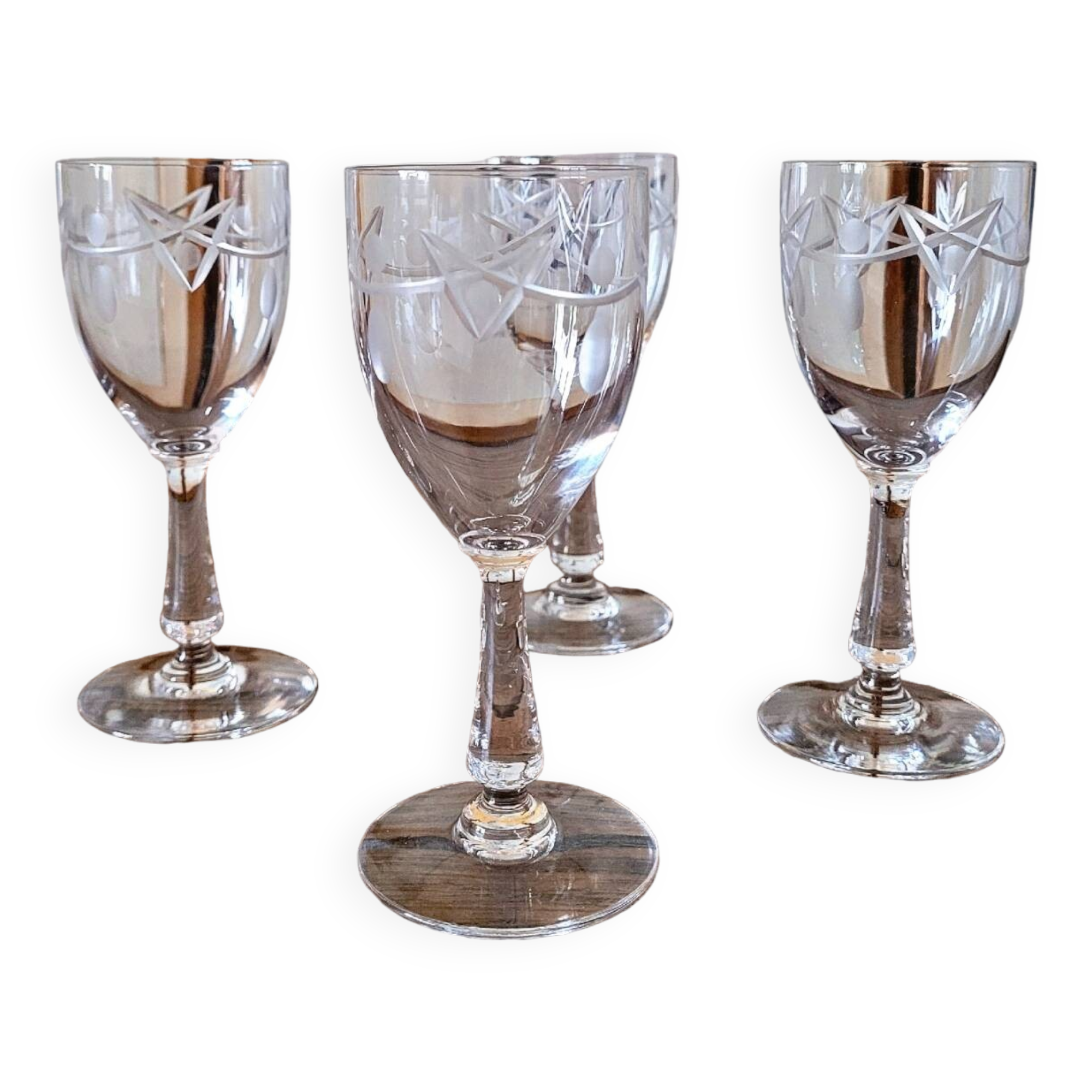 Antique liqueur (digestif) glasses in engraved crystal, geometric decoration