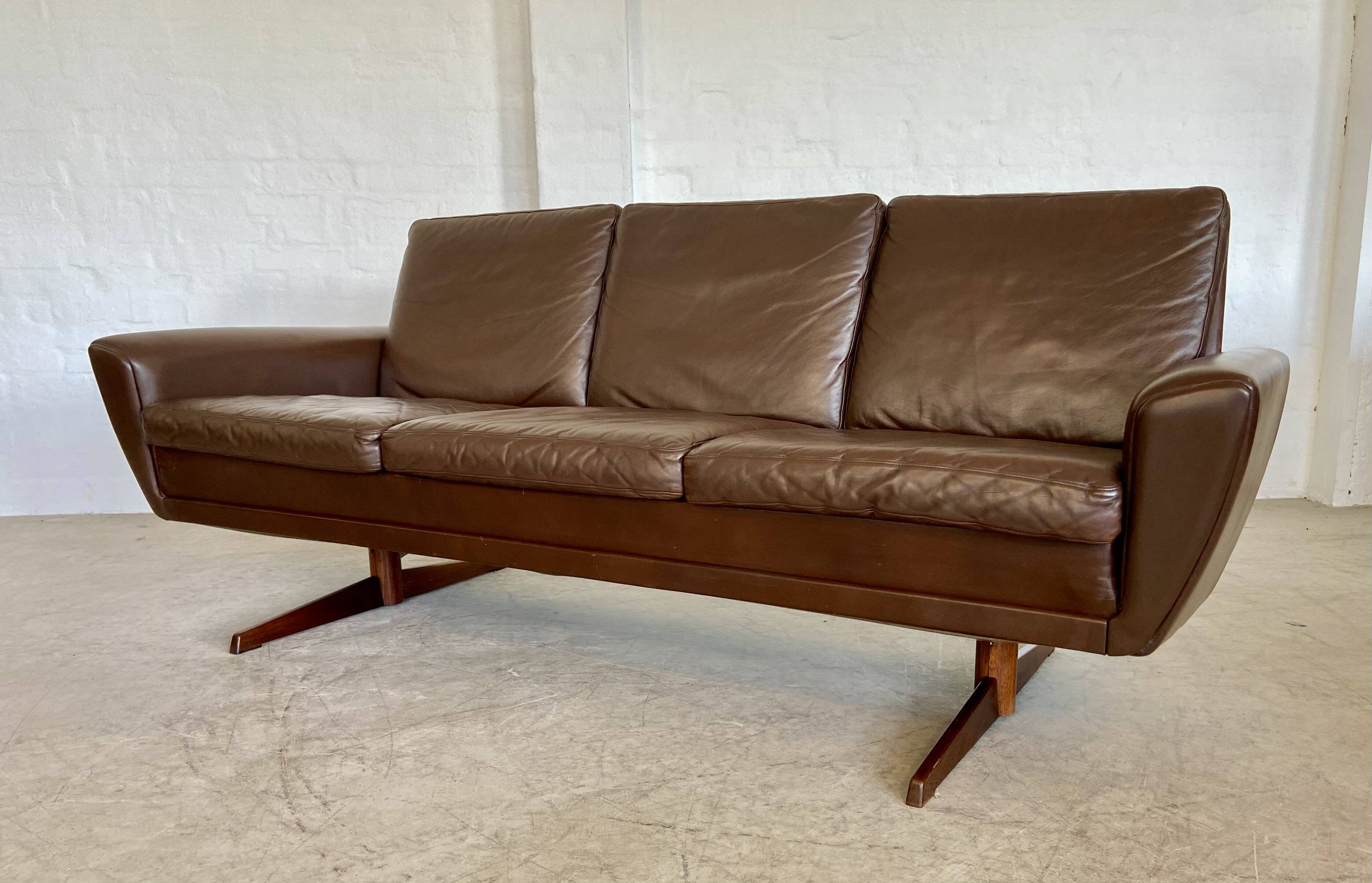 Vintage retro danish mid-century g. thams 3 person sofa in brown leather