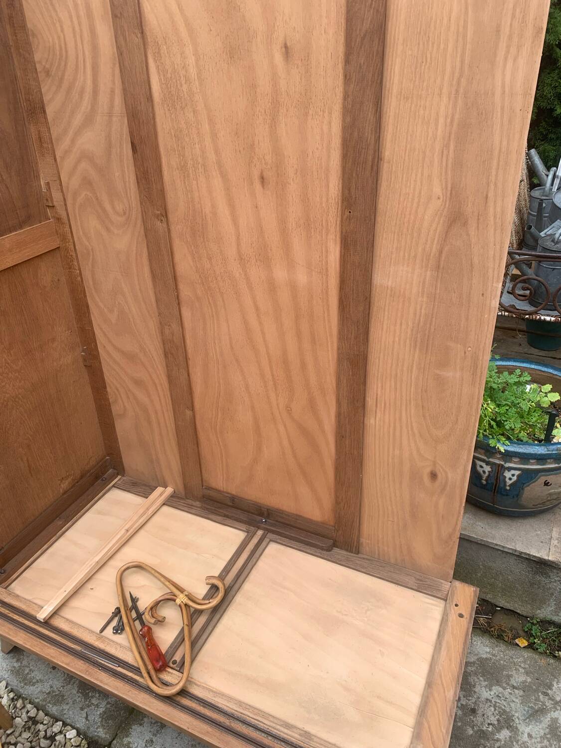 Vintage wardrobe with compass legs in raw wood, sliding doors, 1960s