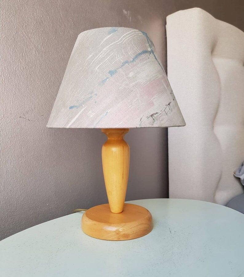 Wooden table lamp with fabric lampshade 1980