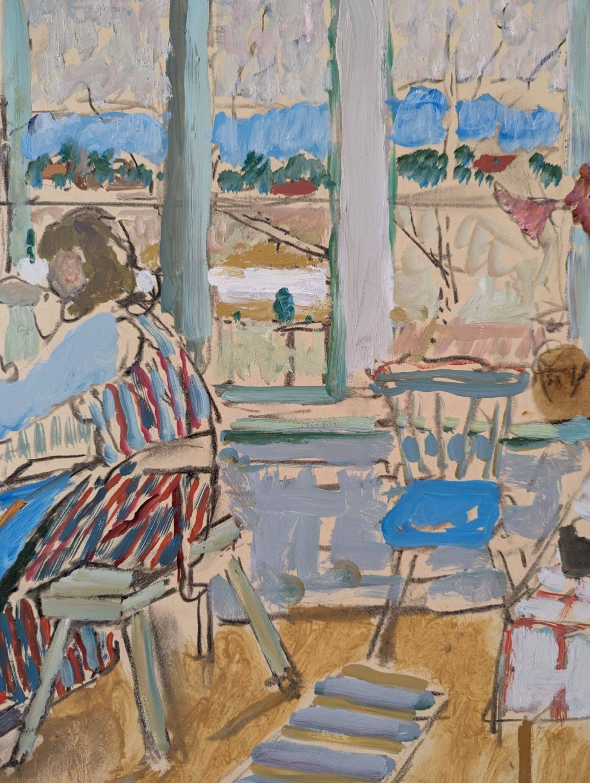 Mid-Century Modern "The Loom" Vintage Swedish Oil Painting, Figure in an Interior