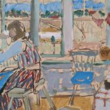 Peinture à l’huile suédoise vintage « The Loom » du milieu du siècle, figure dans un intérieur