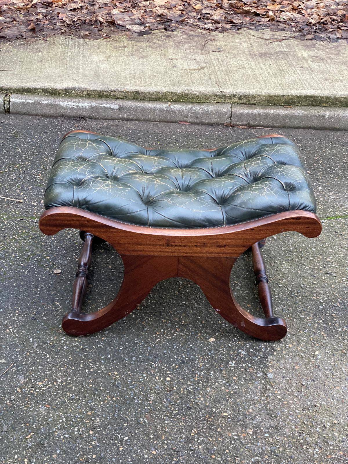 Chesterfield pouf in olive green leather, footstool