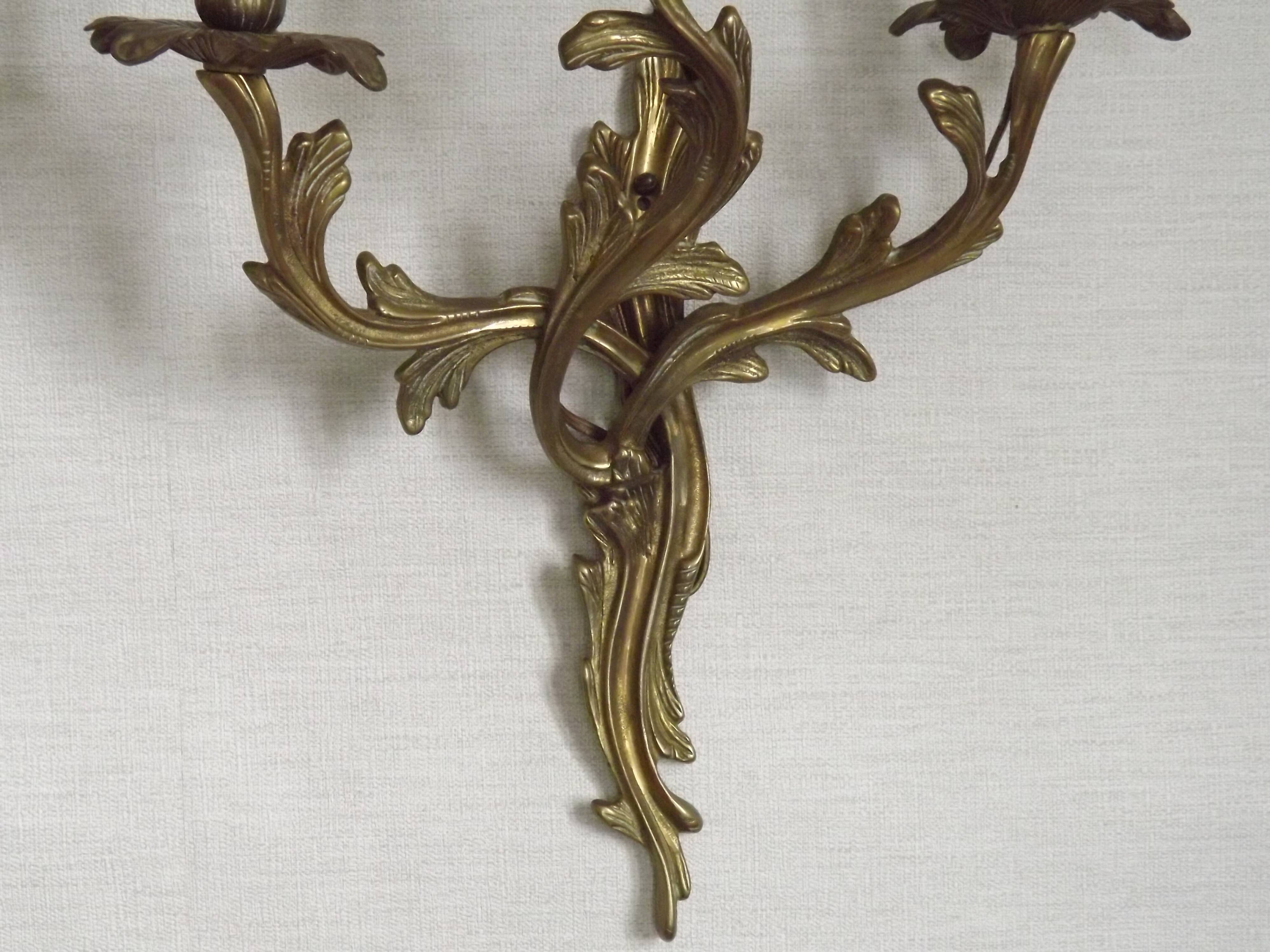 Magnificent Pair of French Antique Bronze Three-Light Acanthus Wall Sconces