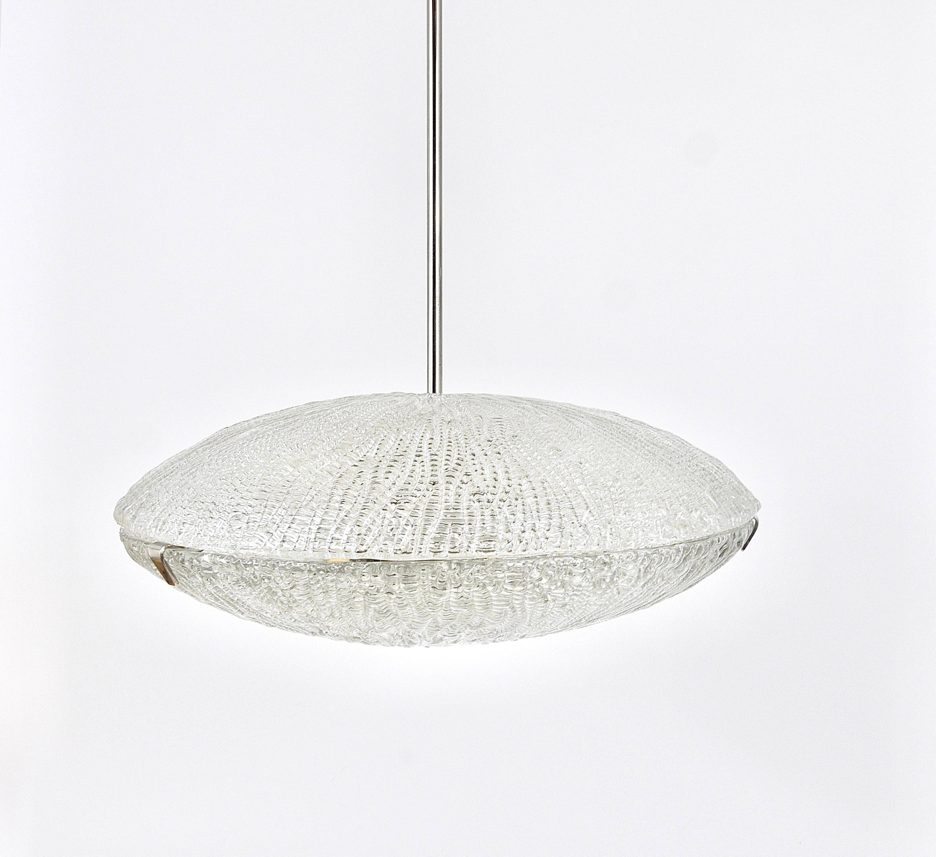 Mid-century Textured Glass and Nickel Kalmar Discus Chandelier, Austria, 1950s