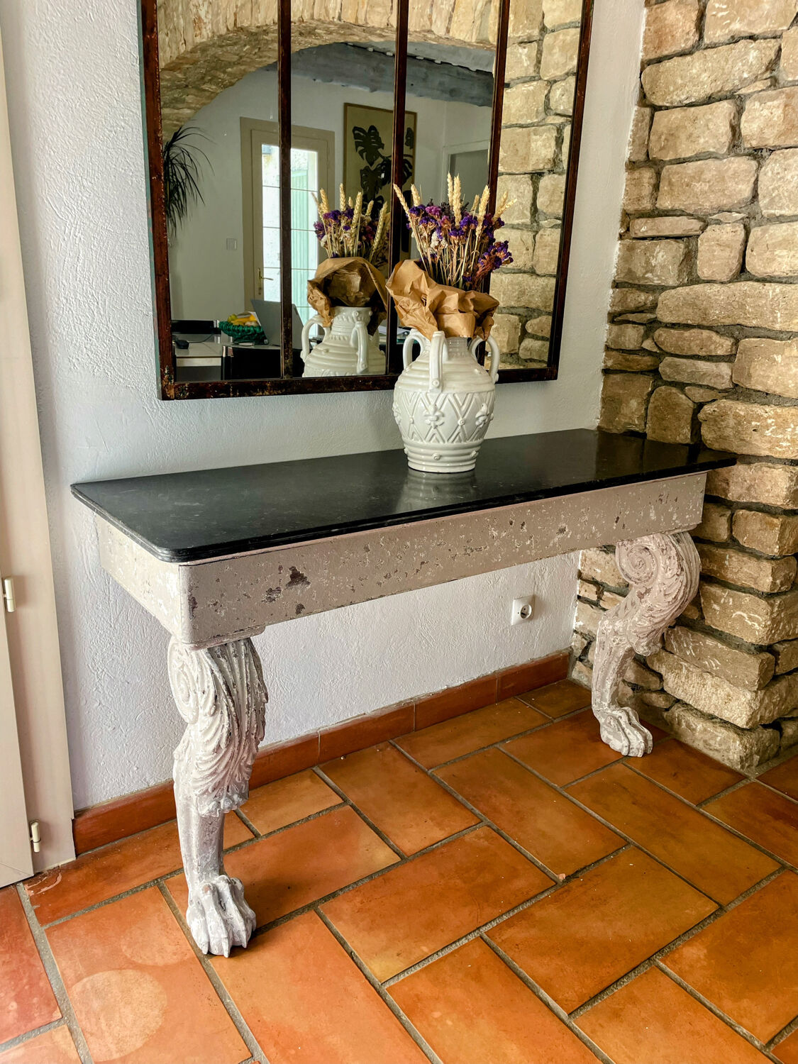 Empire style console table in wood and marble