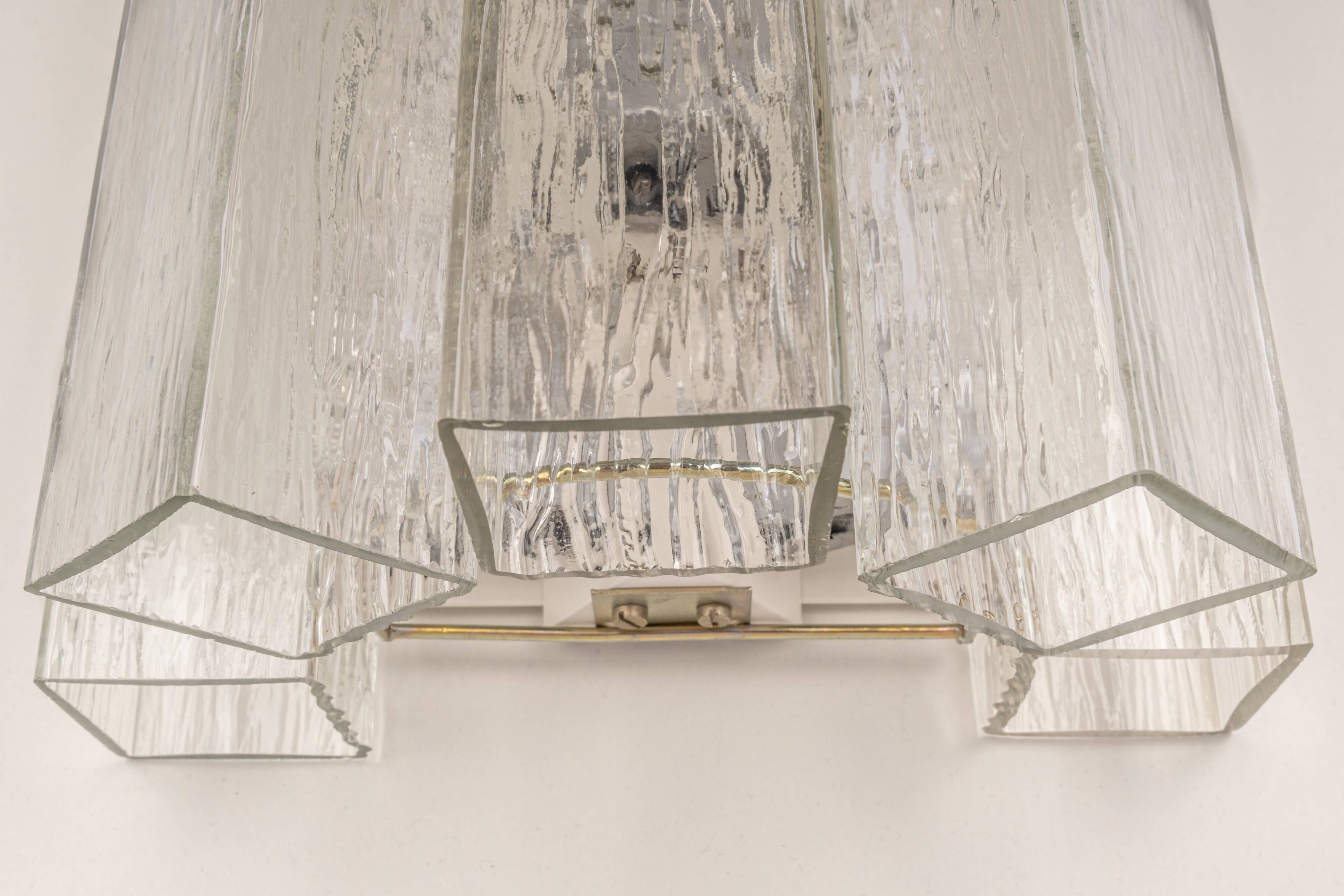 Large pair of wall sconces in brass and Murano glass by Doria, Germany, 1960s.