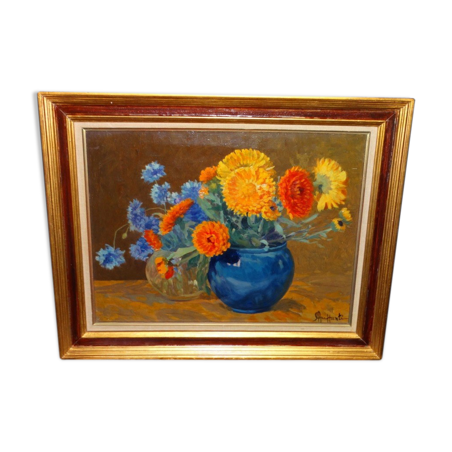 Painting painting Attilio Guffanti, bouquets of flowers on a table oil on canvas