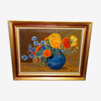 Tableau peinture Attilio Guffanti, bouquets de fleurs sur une table  huile sur toile