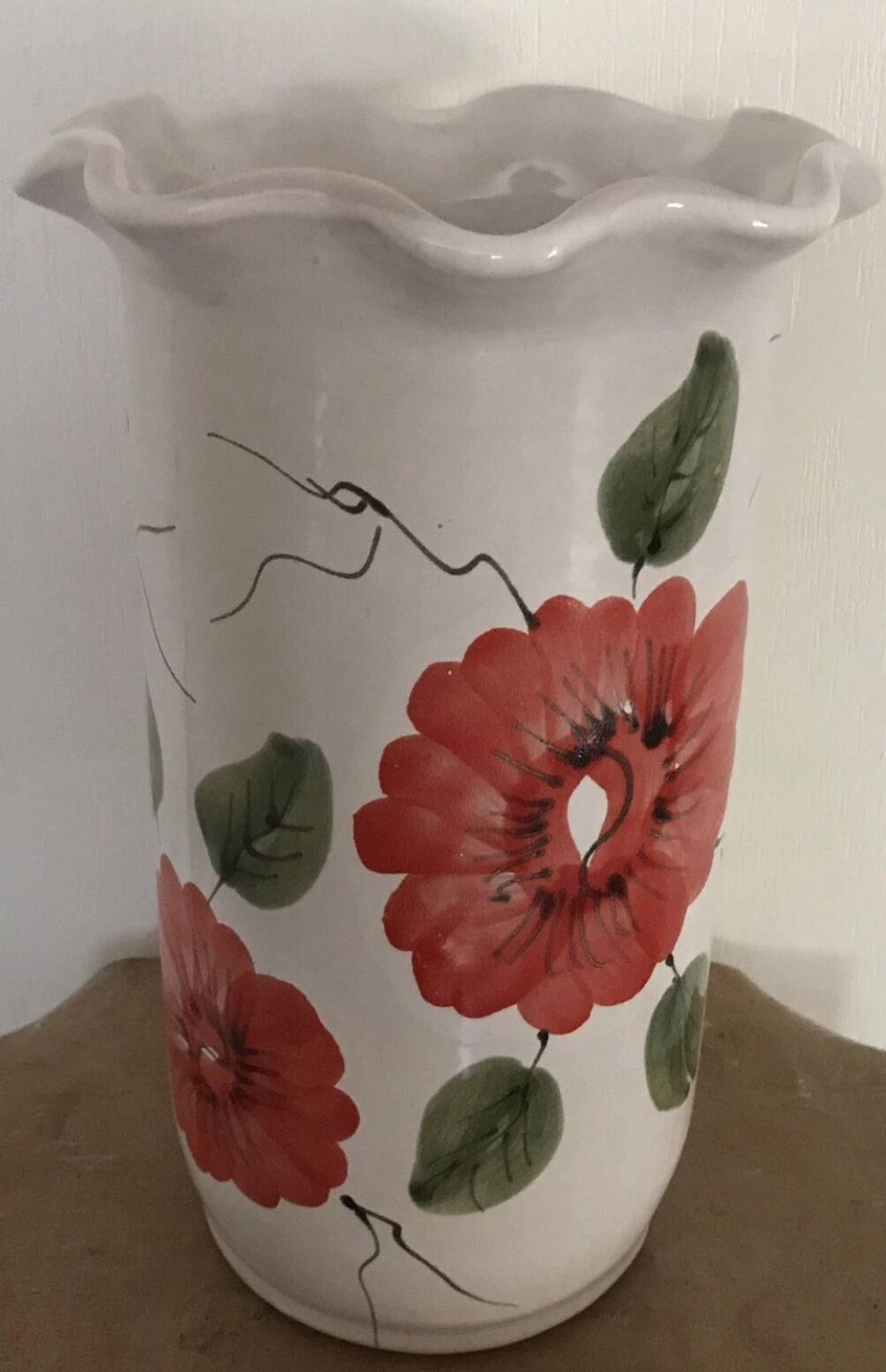 Vase, vintage glazed terracotta pottery, with signed floral decoration