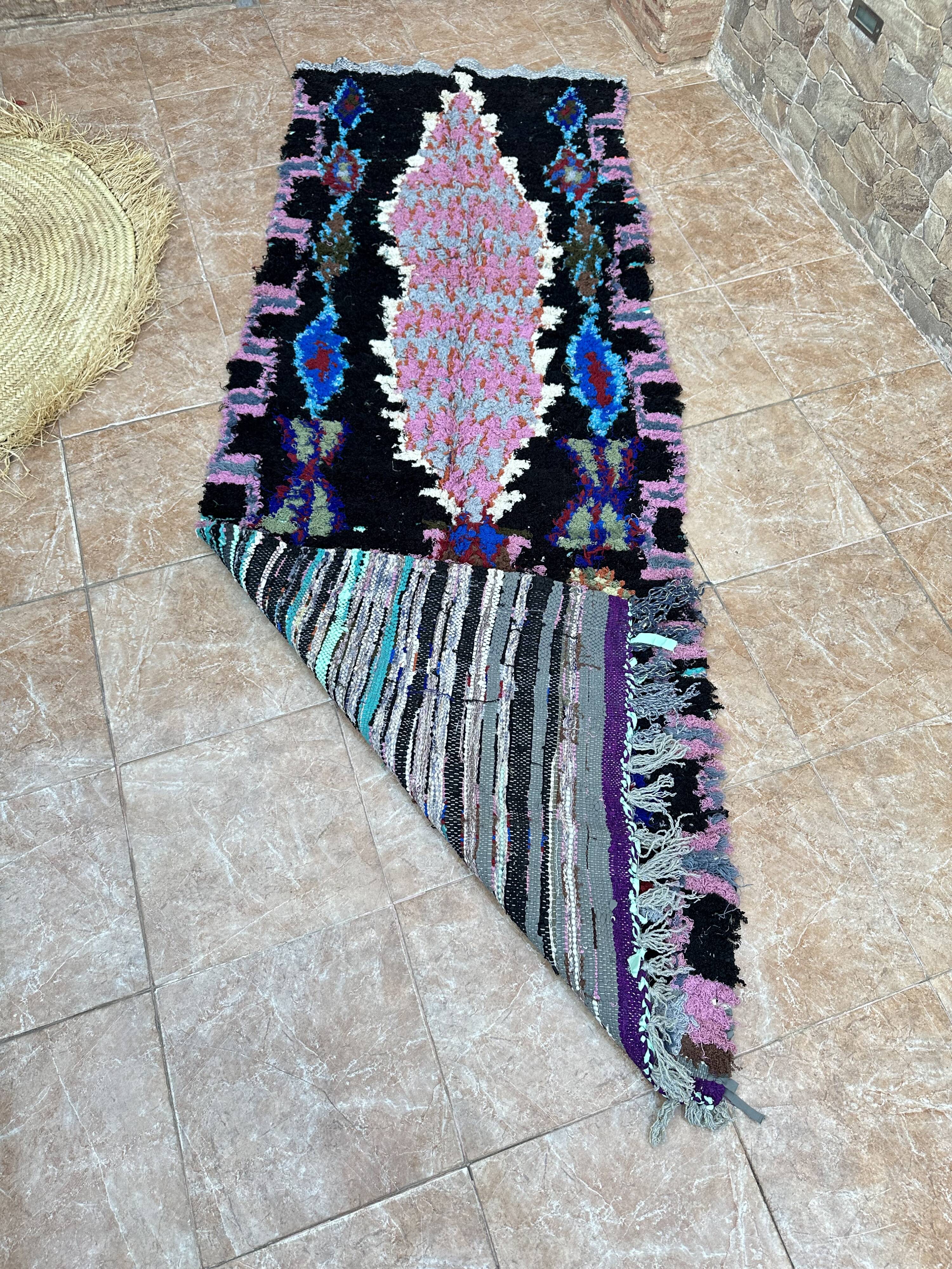 Vintage Berber Boucherouite hallway rug: Handwoven Moroccan rug.
