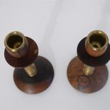 Pair of Scandinavian teak and brass candle holders
