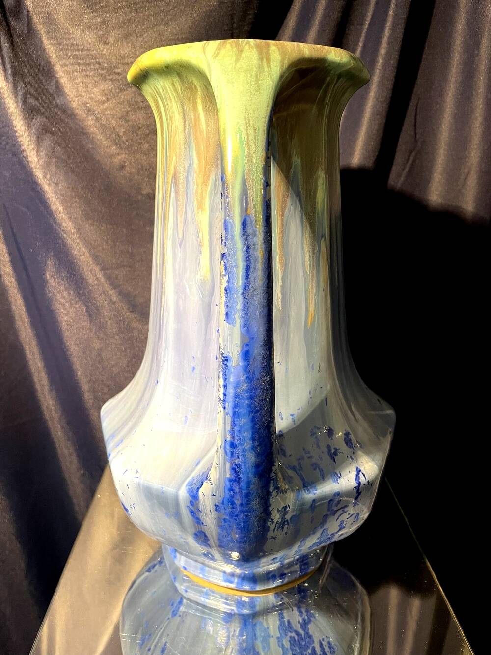 Grand vase forme amphore en gres de pierrefonds a couleur bleue et verte