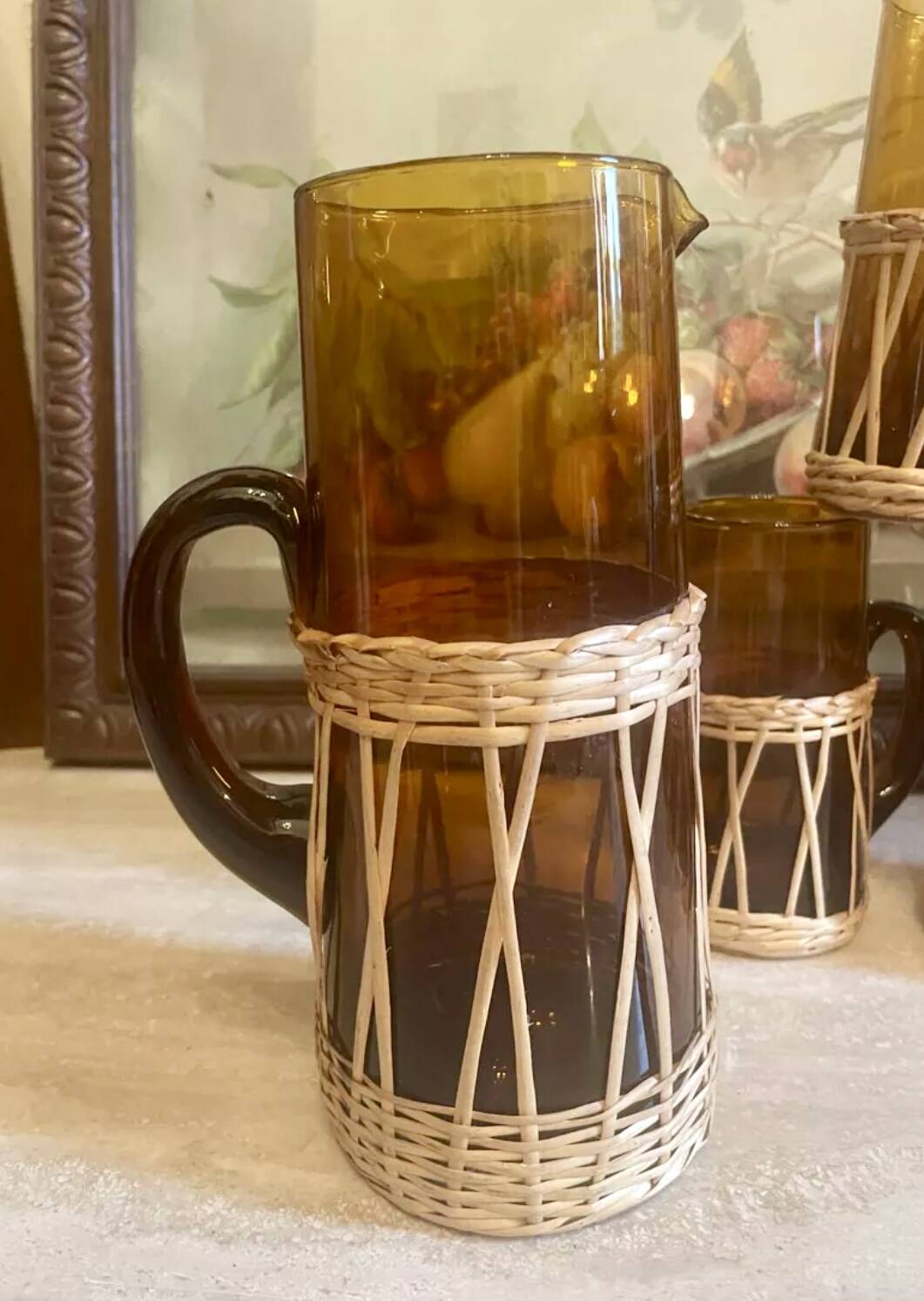 Amber glass and wicker lemonade set