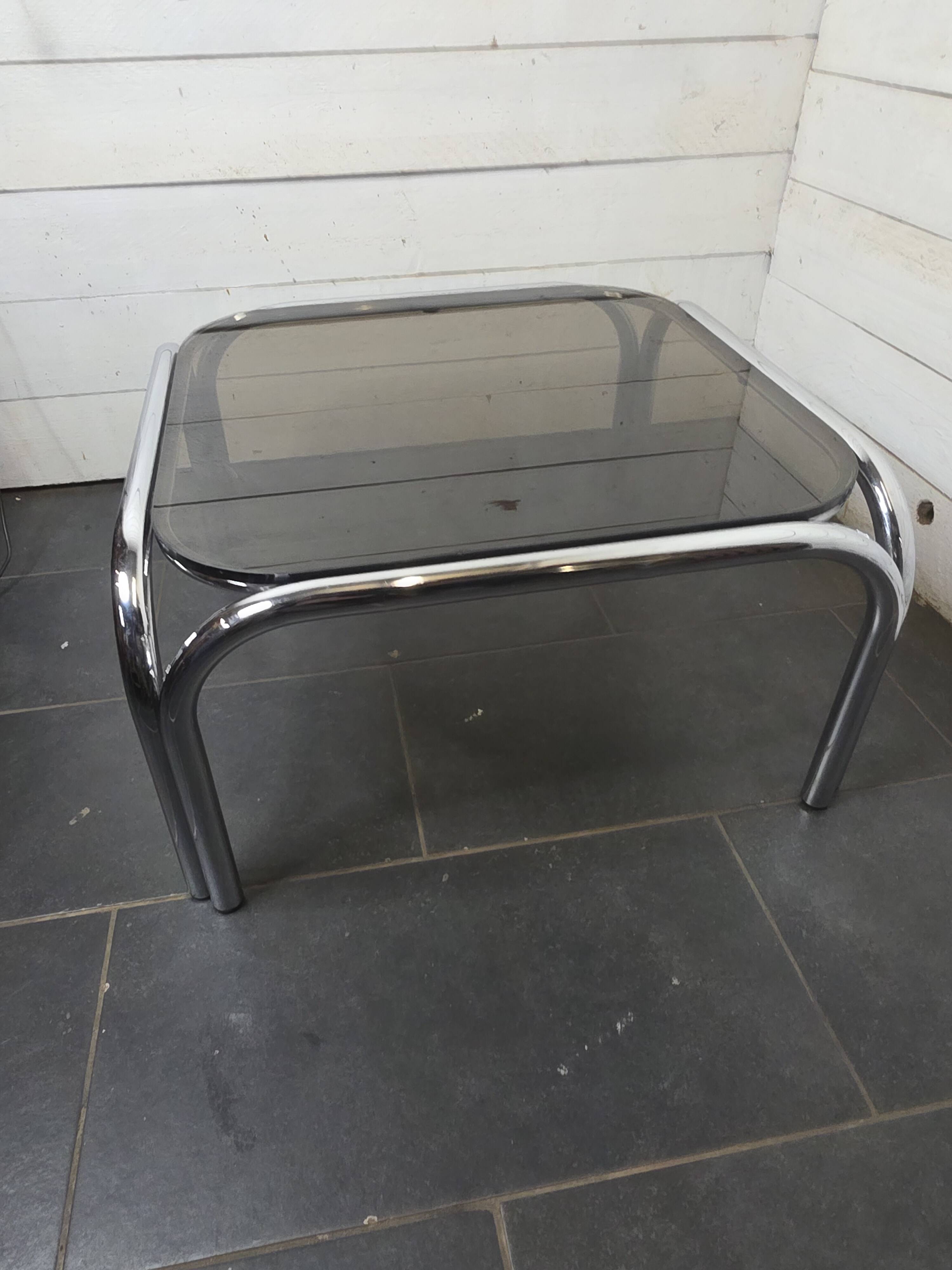 Chrome metal coffee table with smoked glass top from the 70s