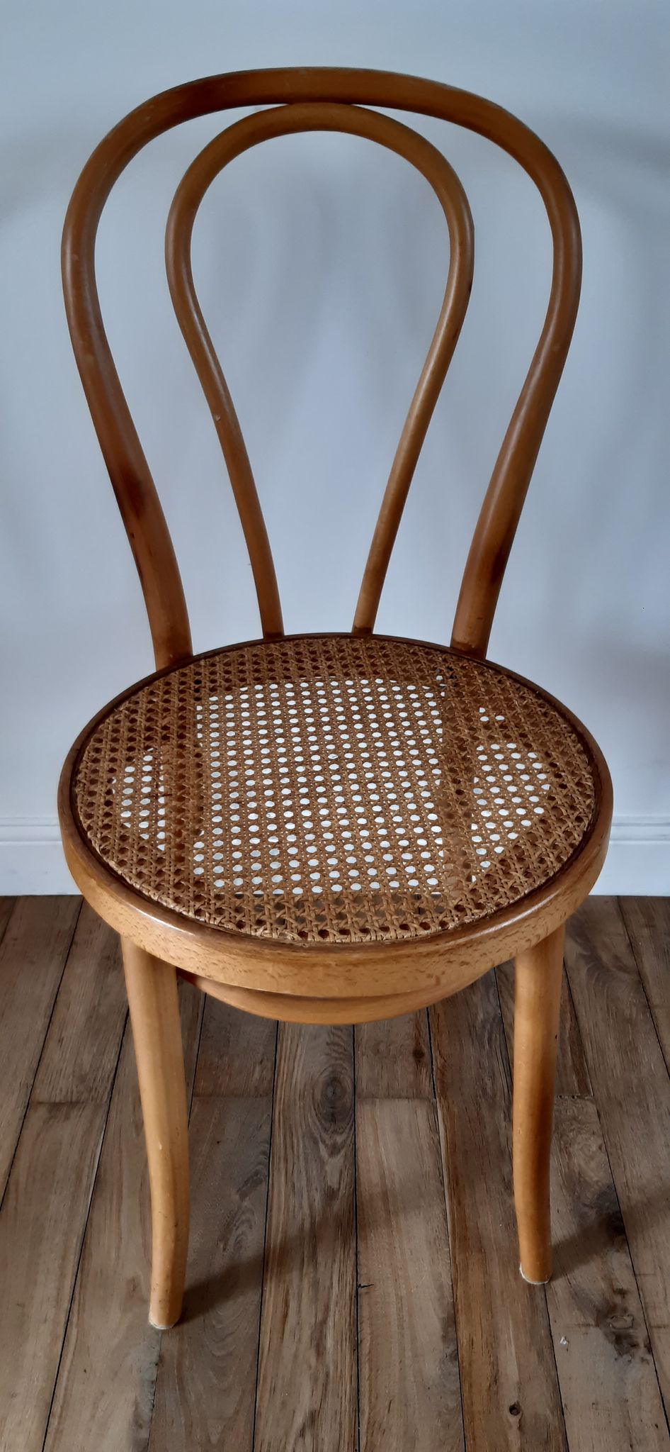 Set of 4 bistro chairs in turned wood and cannage rattan 50s