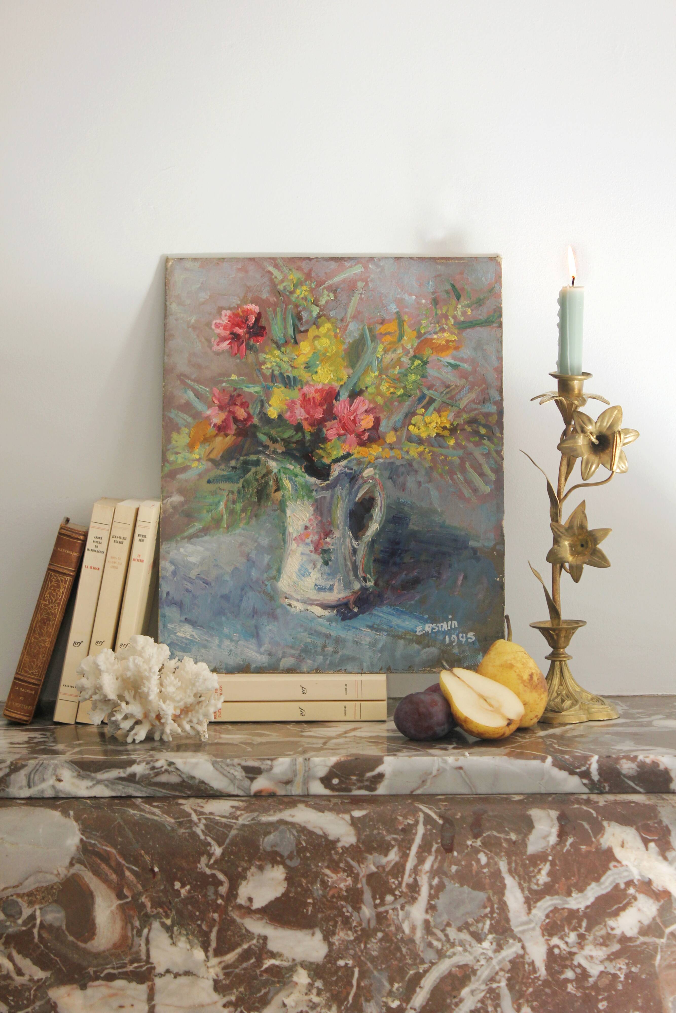Old painting, oil on cardboard signed E. Astain, "Flowers", 1945