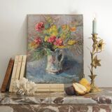 Old painting, oil on cardboard signed E. Astain, "Flowers", 1945