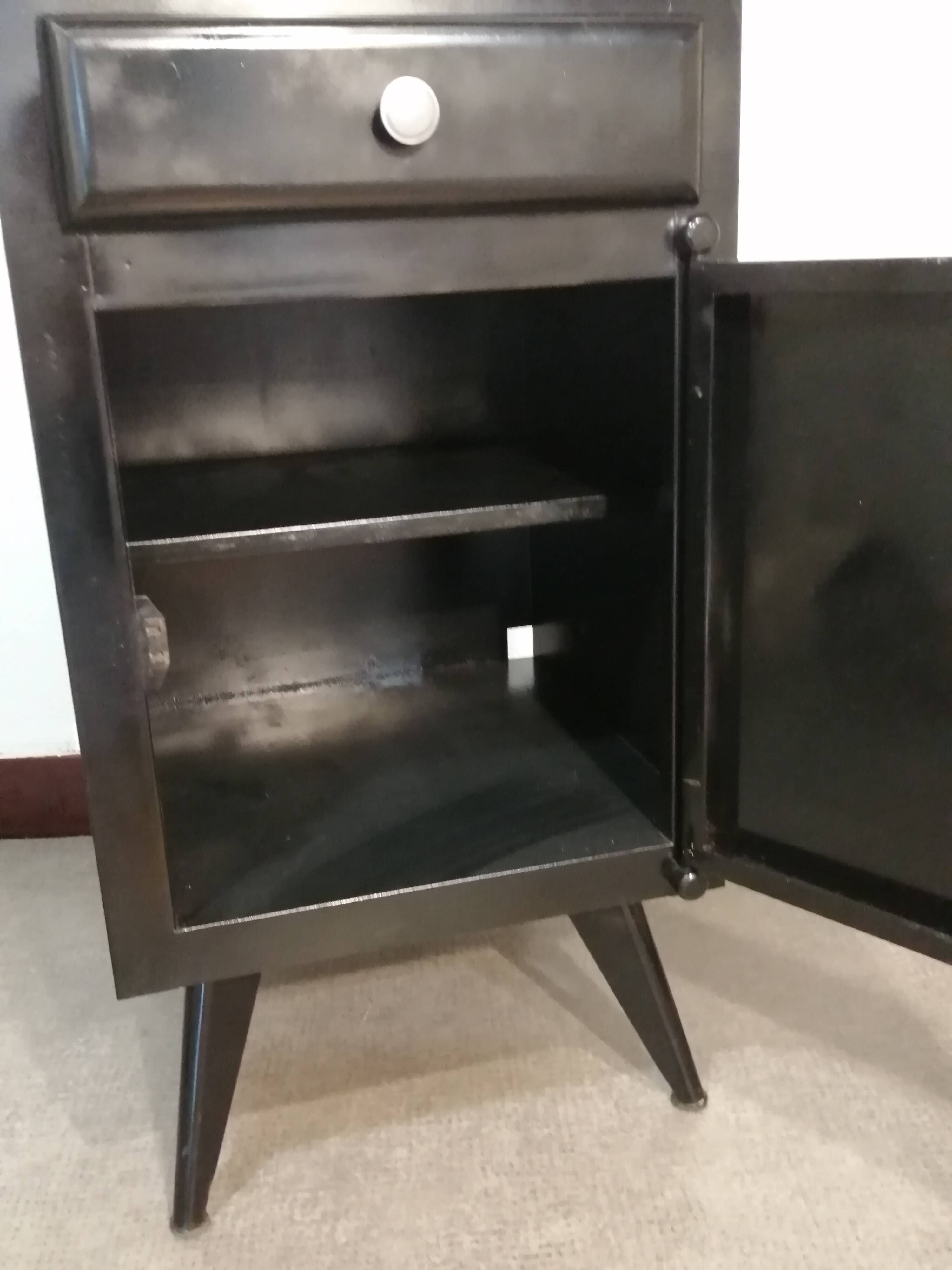 Black hospital/internment bedside table, all metal, compass legs, 1940s industrial.