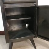 Black hospital/internment bedside table, all metal, compass legs, 1940s industrial.