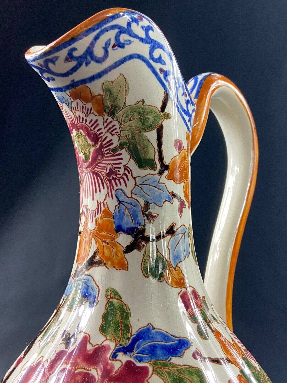 Large Gien earthenware ewer pitcher with Peonies decor
